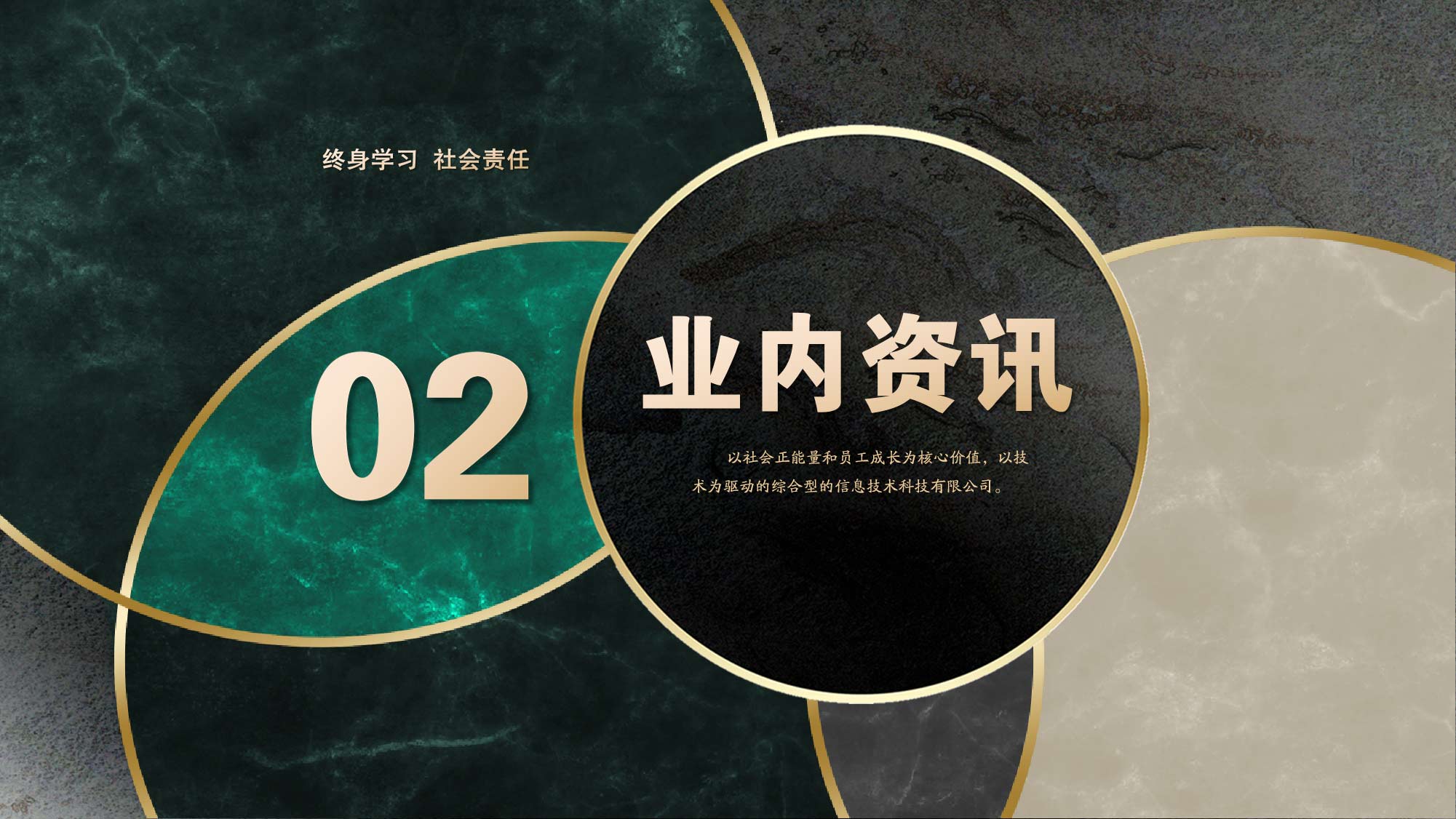 终身学习 社会责任 02 业内资讯 以社会正能量和员工成长为核心价值，以技术为驱动的综合型的信息技术科技有限公司。